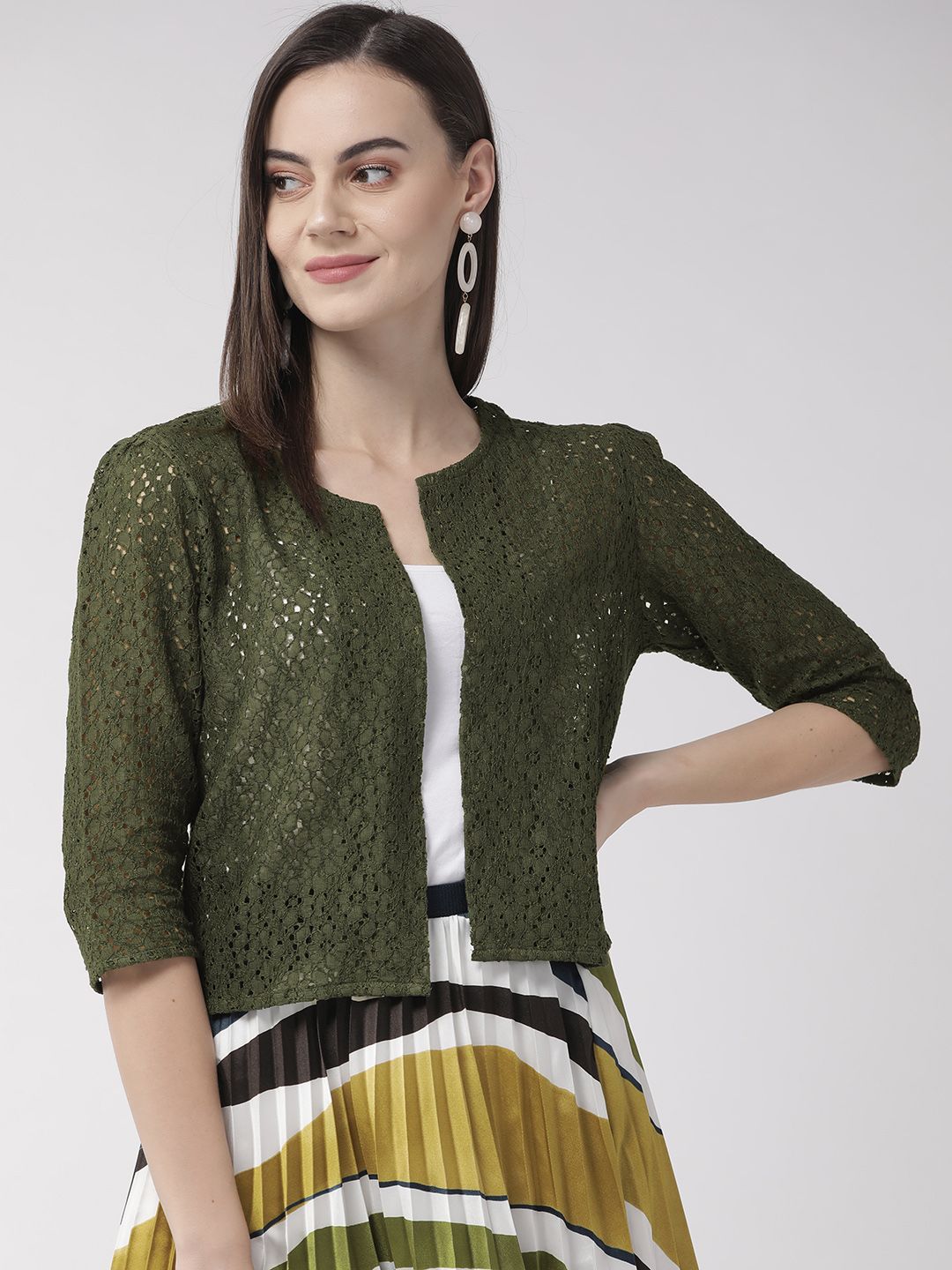 Style Quotient Women Olive Green Self Design Open Front Crop Shrug