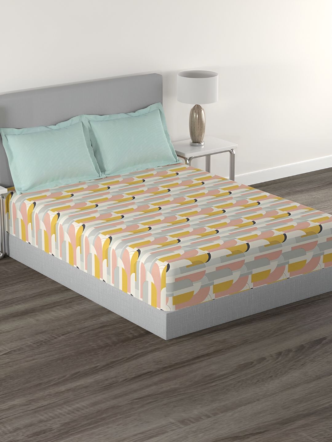 MYTRIDENT Charleen Yellow Flat 144TC Queen Cotton 1 Bedsheet with 2 Pillow Covers