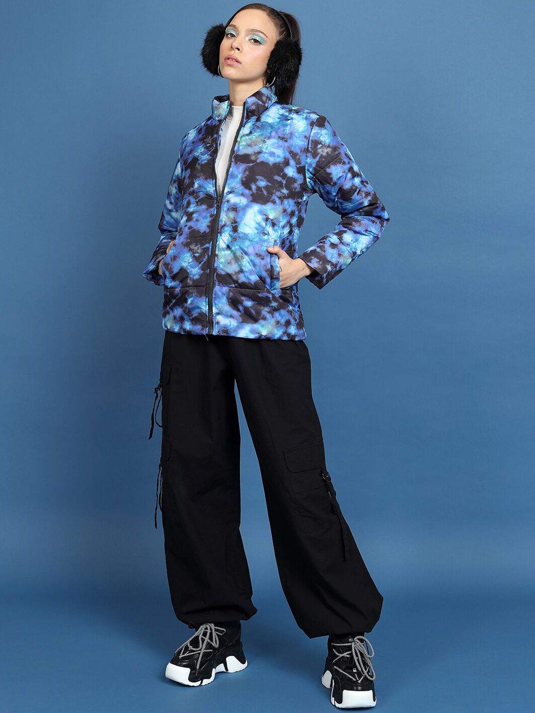 Tokyo Talkies Blue Abstract Printed Mock Collar Padded Jacket