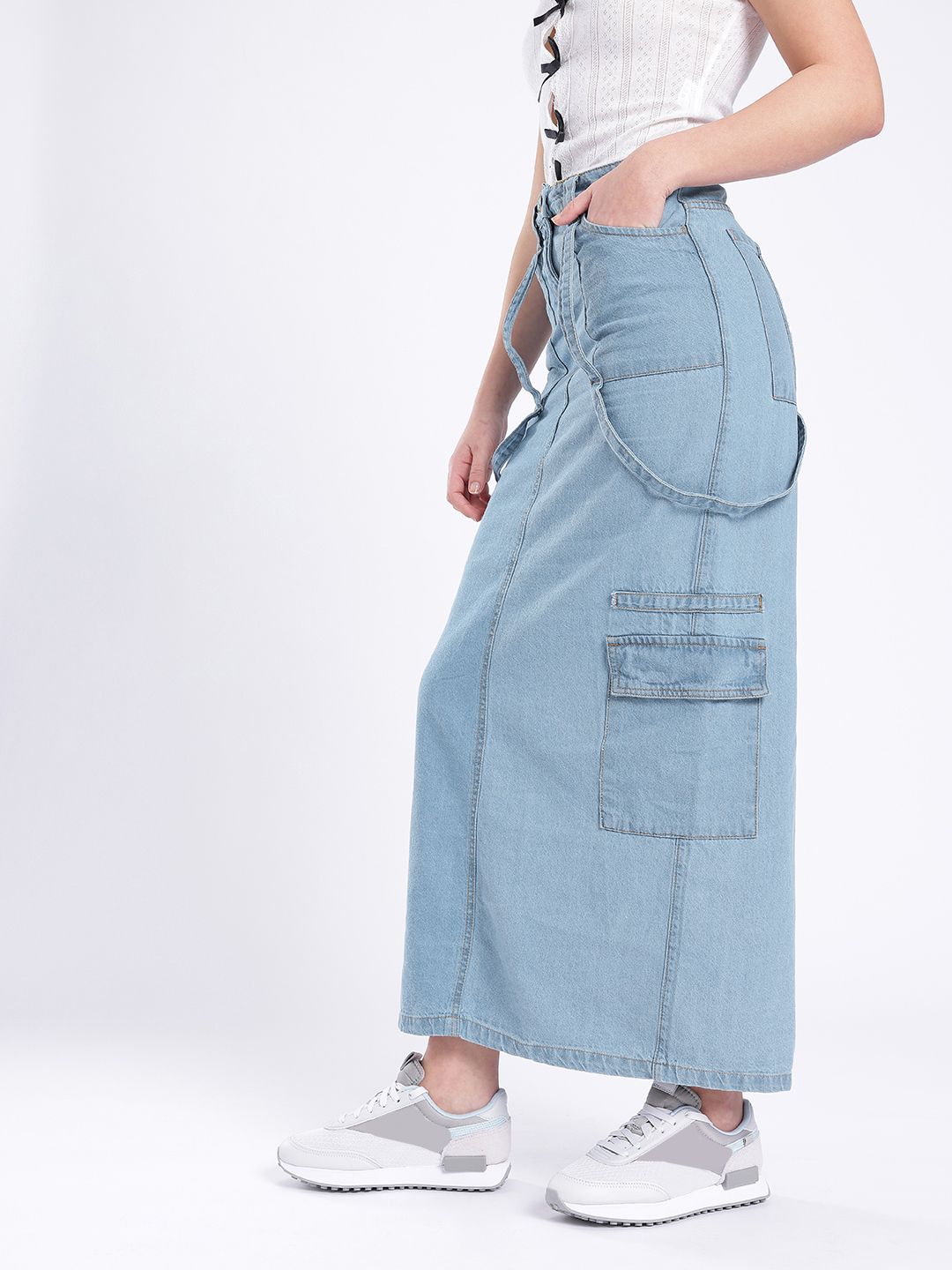 DressBerry Women Cool Edge Cargo Denim Maxi Skirt