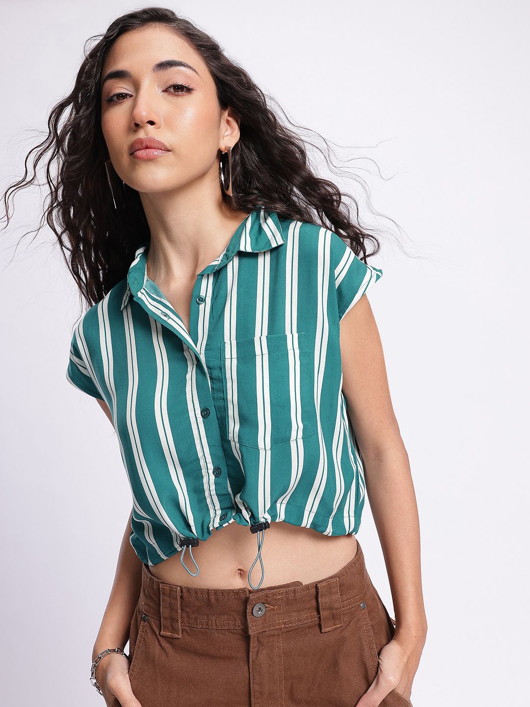 DressBerry Striped Cinched Waist Crop Shirt-Style Top