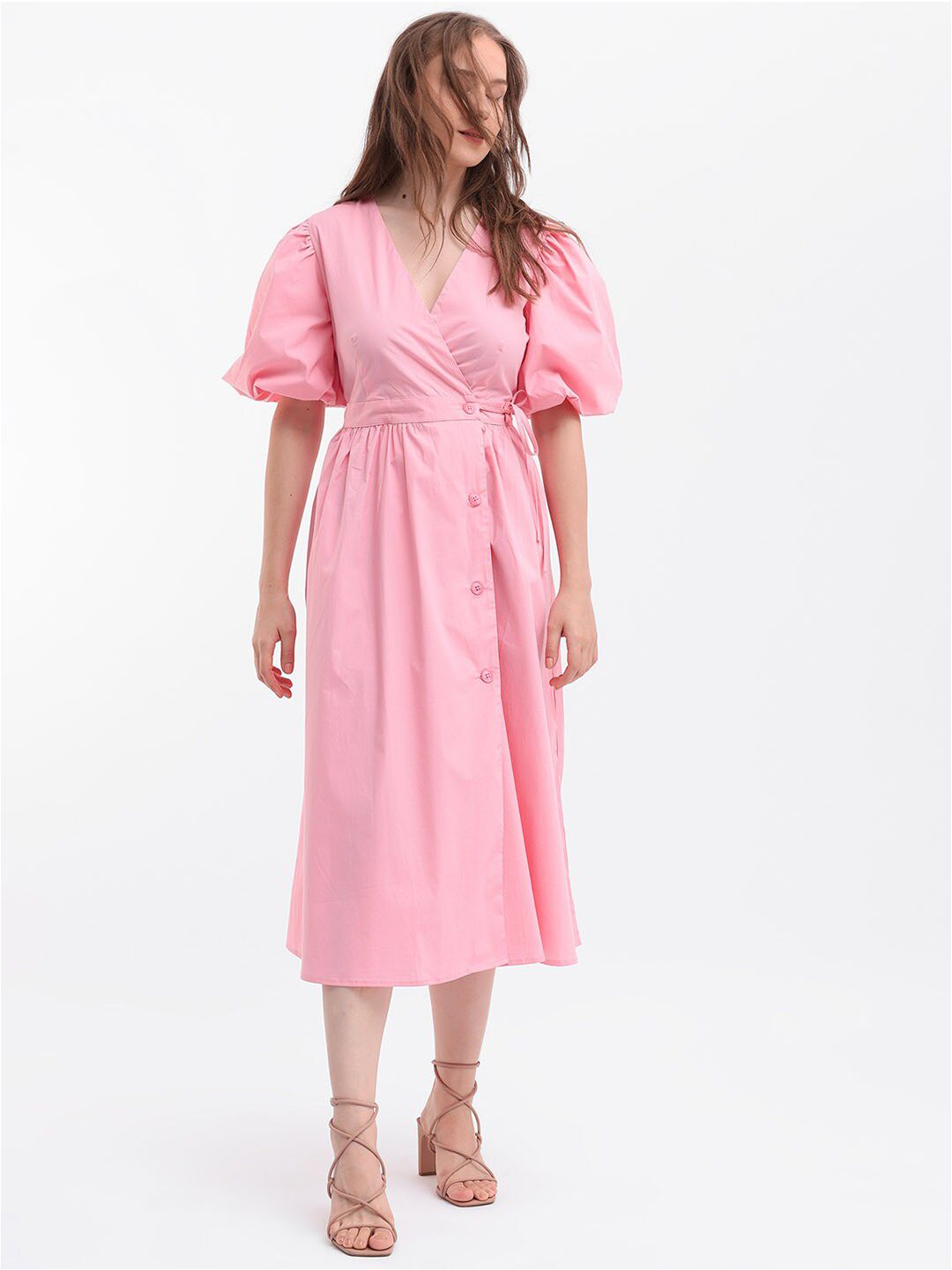 Rareism Puff Sleeve Midi Wrap Dress
