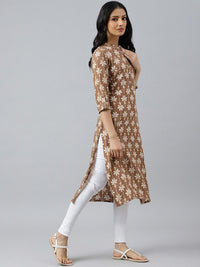 W Floral Printed Mandarin Collar Roll-Up Sleeves Straight Kurta