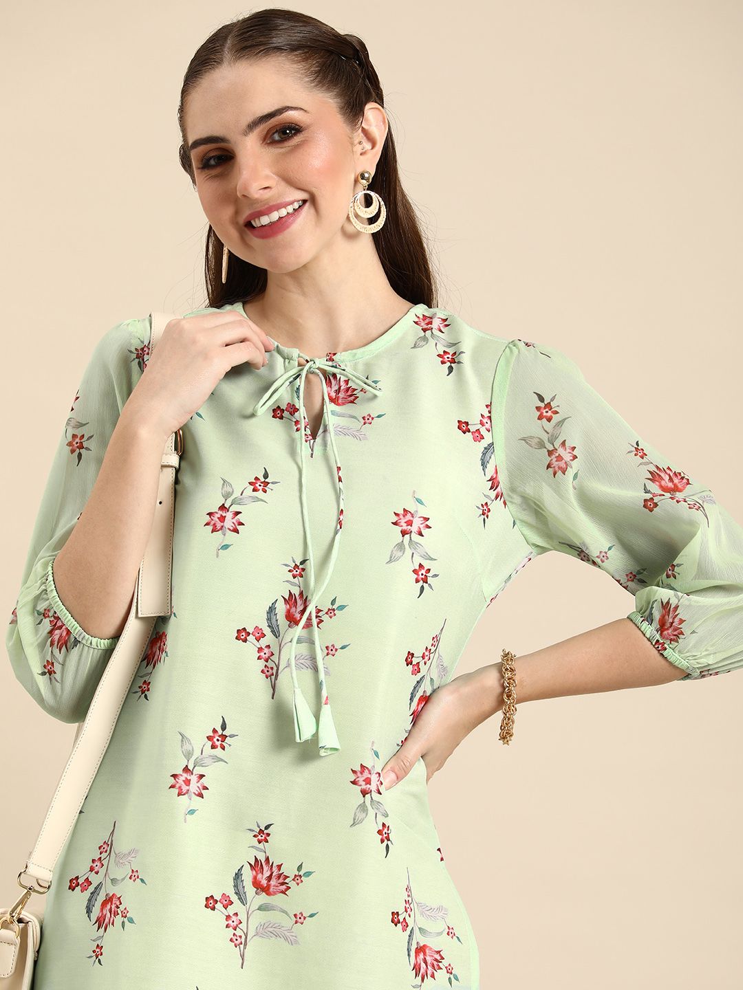 Anouk Floral Printed Tie-up Neck Kurta