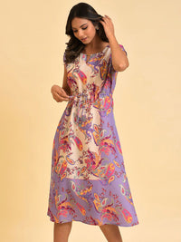 W Purple Ethnic Motifs Printed Tie Up Ruched A-Line Midi Dress