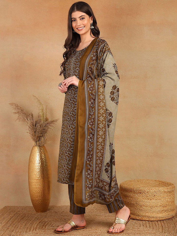 KALINI Floral Printed Thread Work Straight Kurta with Trousers & Dupatta