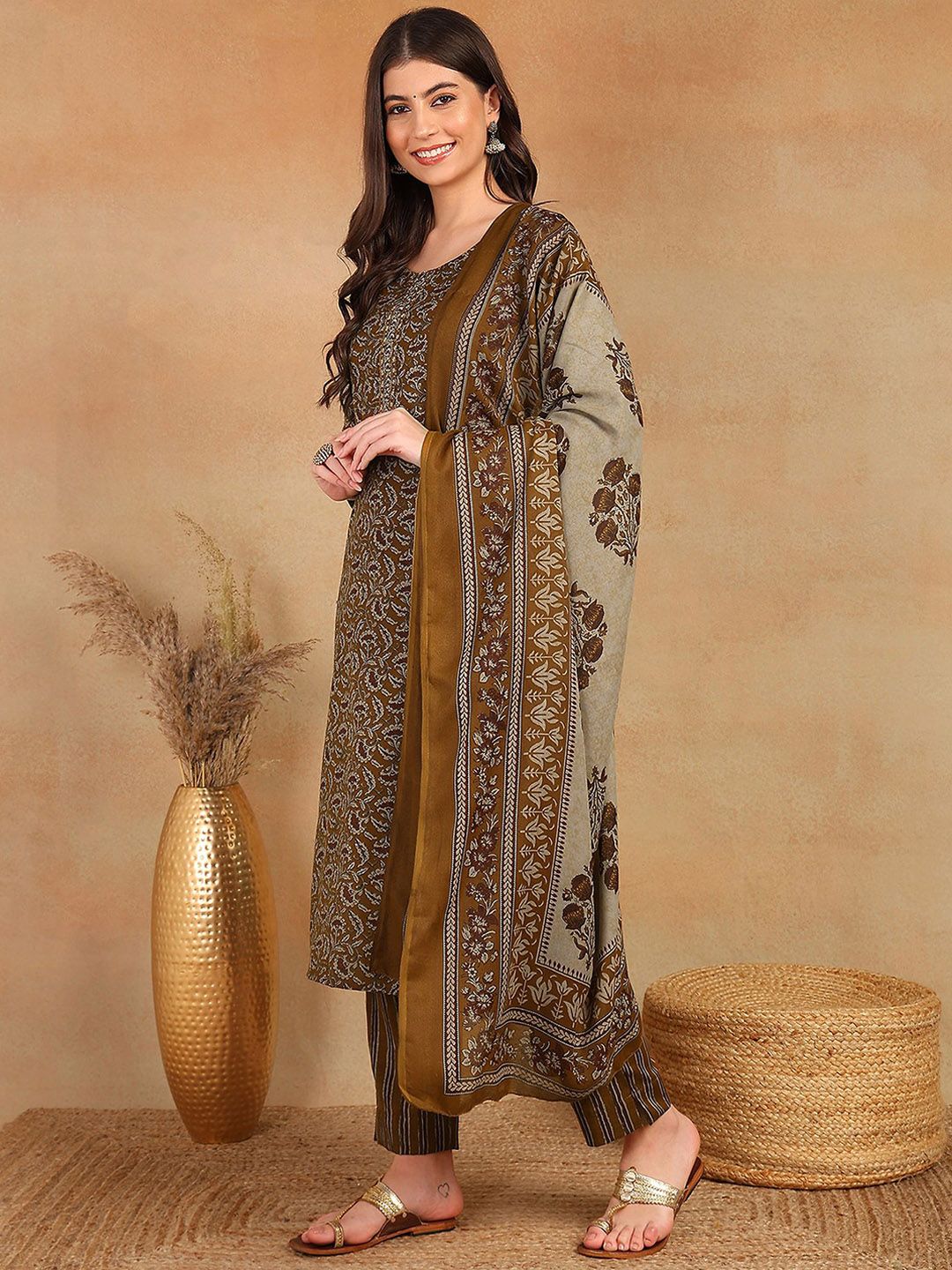 KALINI Floral Printed Thread Work Straight Kurta with Trousers & Dupatta