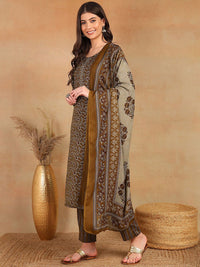 KALINI Floral Printed Thread Work Straight Kurta with Trousers & Dupatta