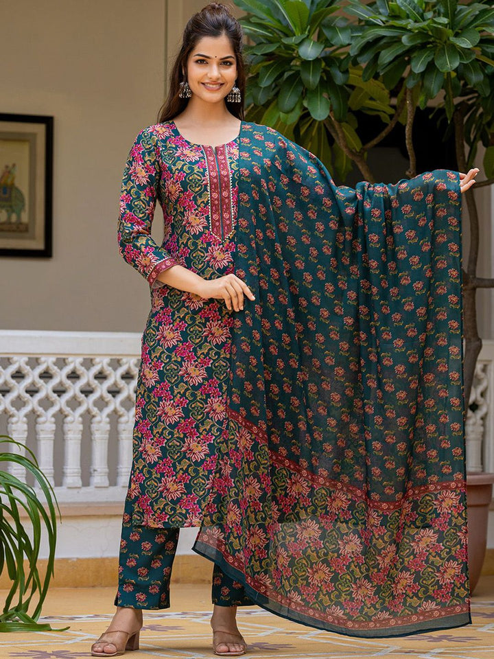 KALINI Women Floral Printed Regular Kurta with Trousers & Dupatta