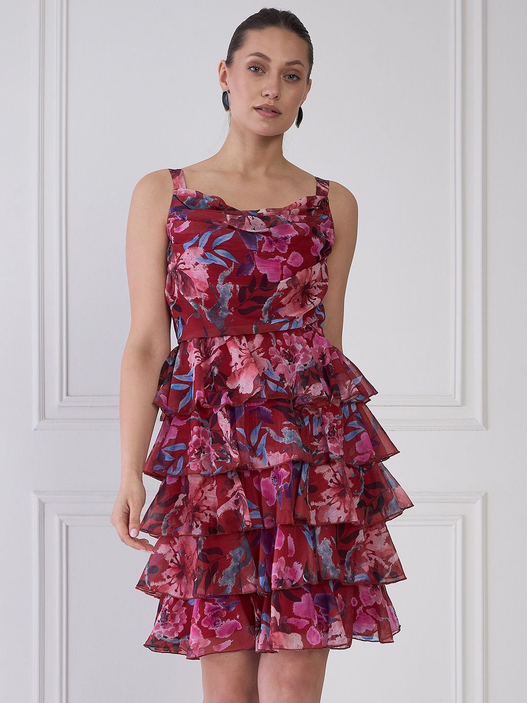 Antheaa Red Floral Print Round Neck Layered Fit & Flare Dress