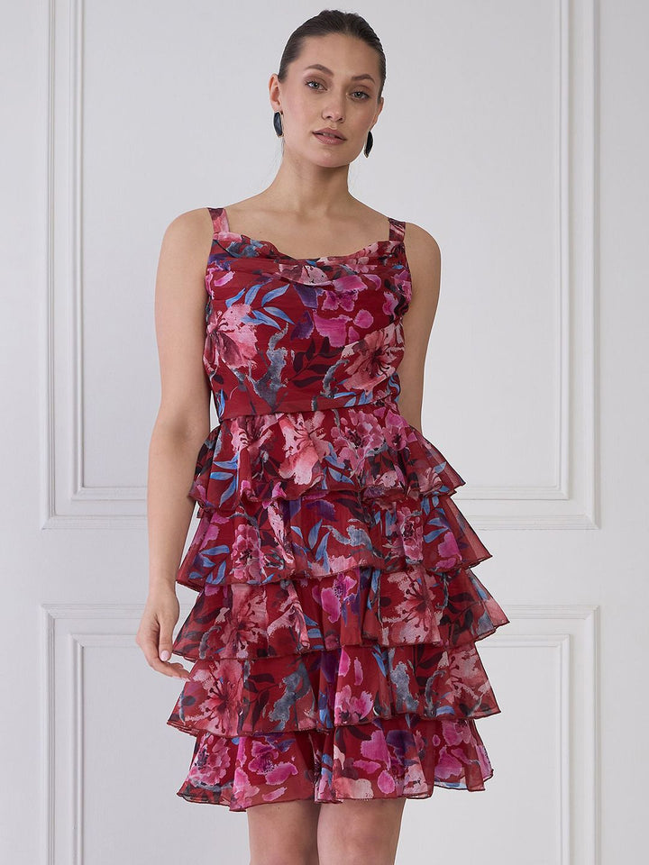 Antheaa Red Floral Print Round Neck Layered Fit & Flare Dress