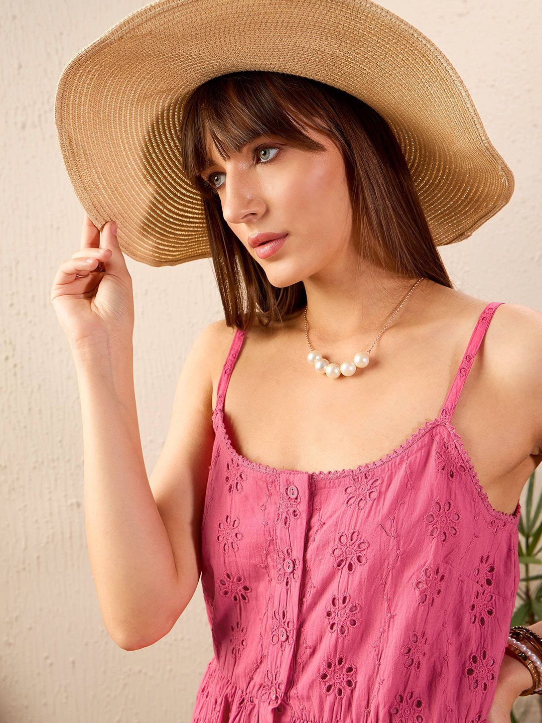 SASSAFRAS Pink Self Design Pure Cotton Fit & Flare Midi Dress