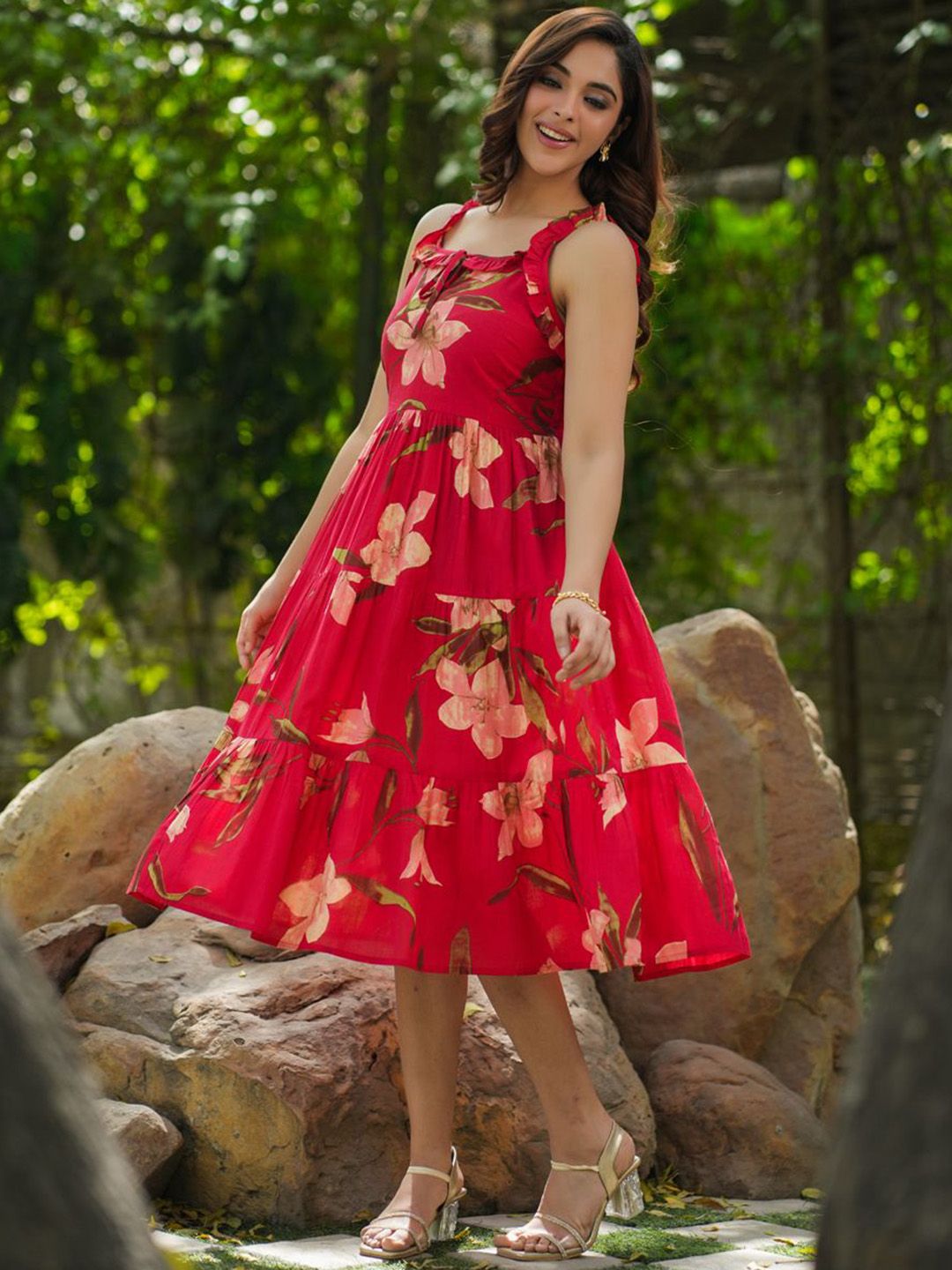 Rain & Rainbow Floral Printed Shoulder Straps Pure Cotton Fit & Flared Midi Dresses