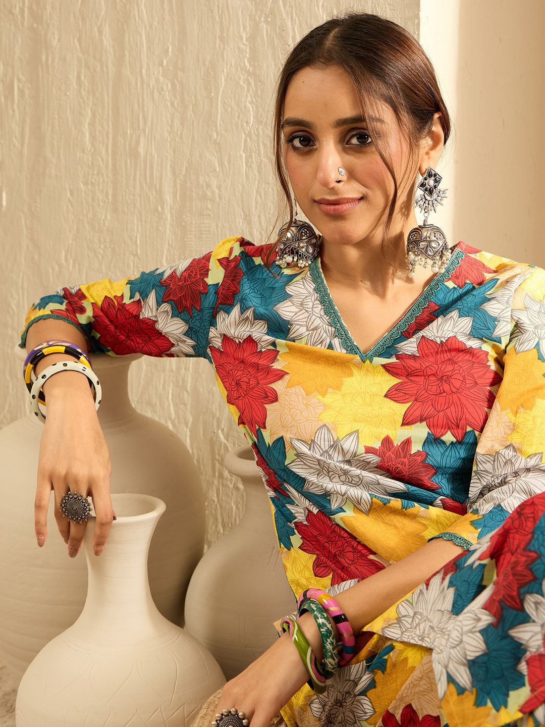 Indo Era Women Floral Printed Regular Pure Cotton Kurta with Trousers