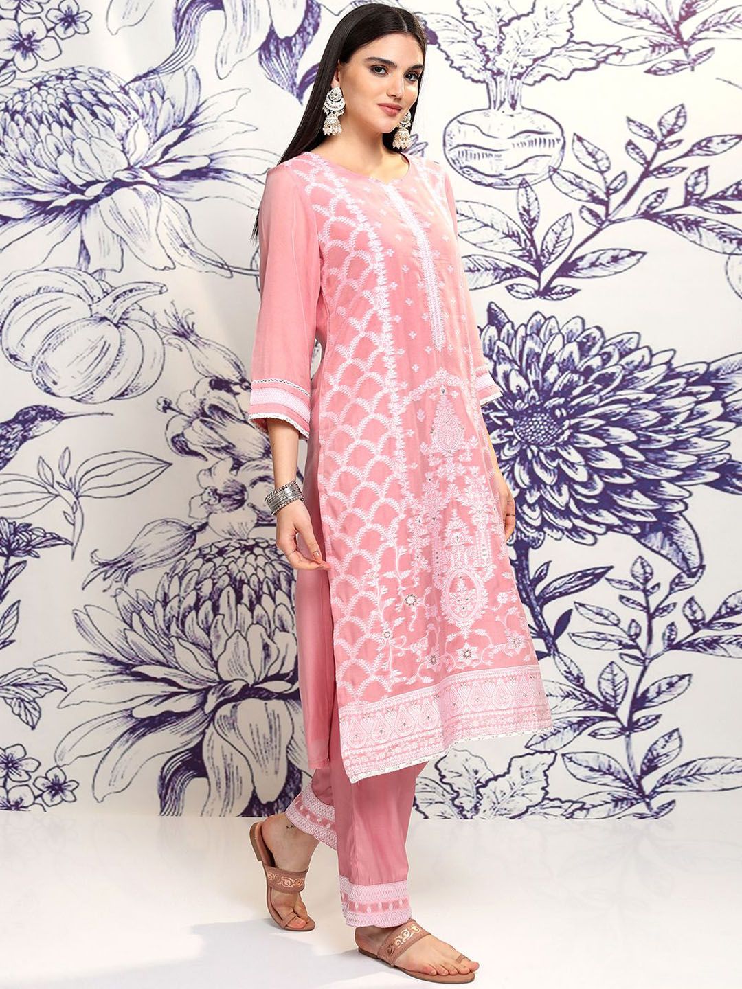 Vishudh Ethnic Motifs Embroidered Straight Kurta & Trousers With Dupatta