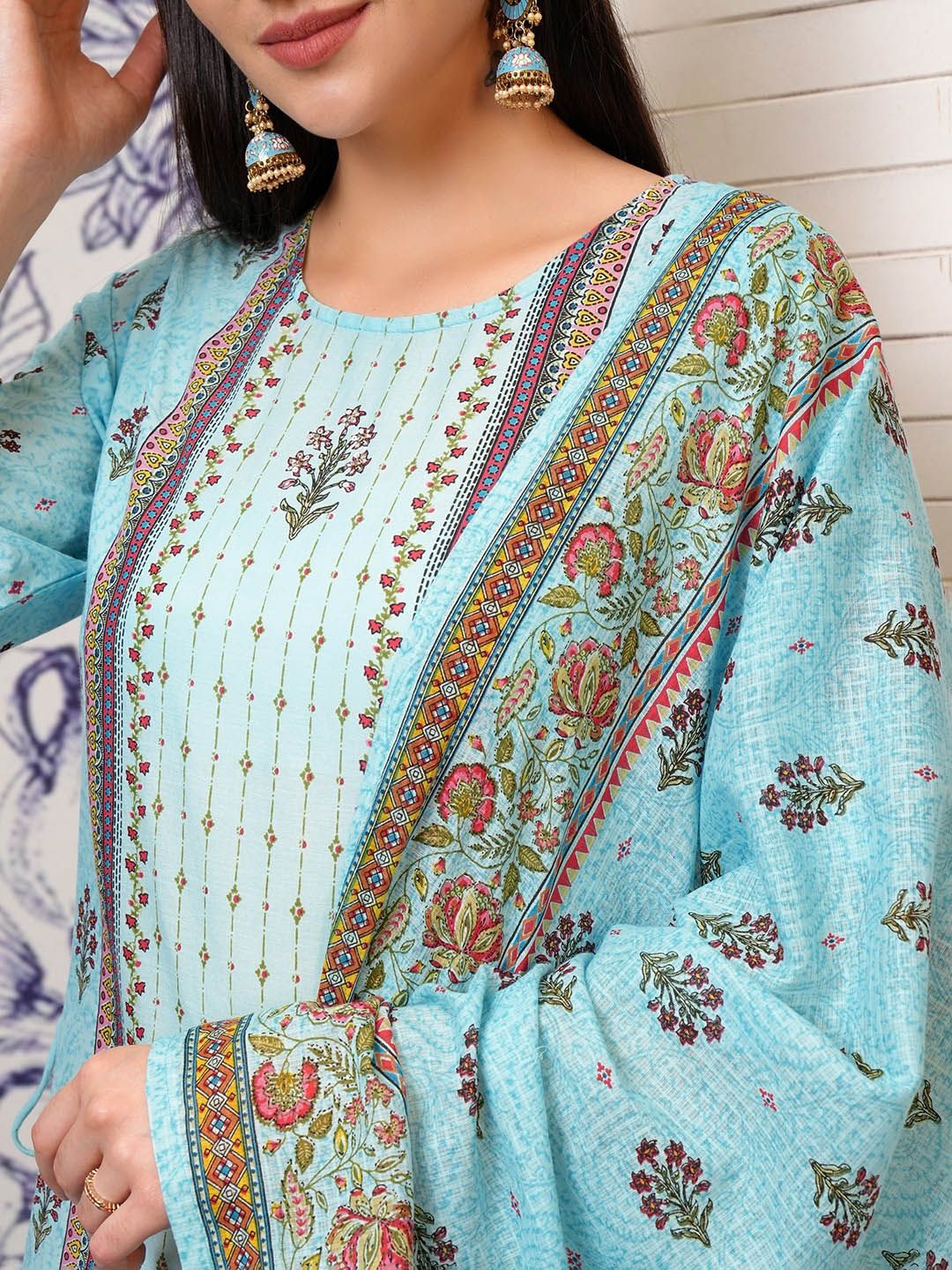 Vishudh Floral Printed Regular Pure Cotton Straight Kurta with Trousers & Dupatta