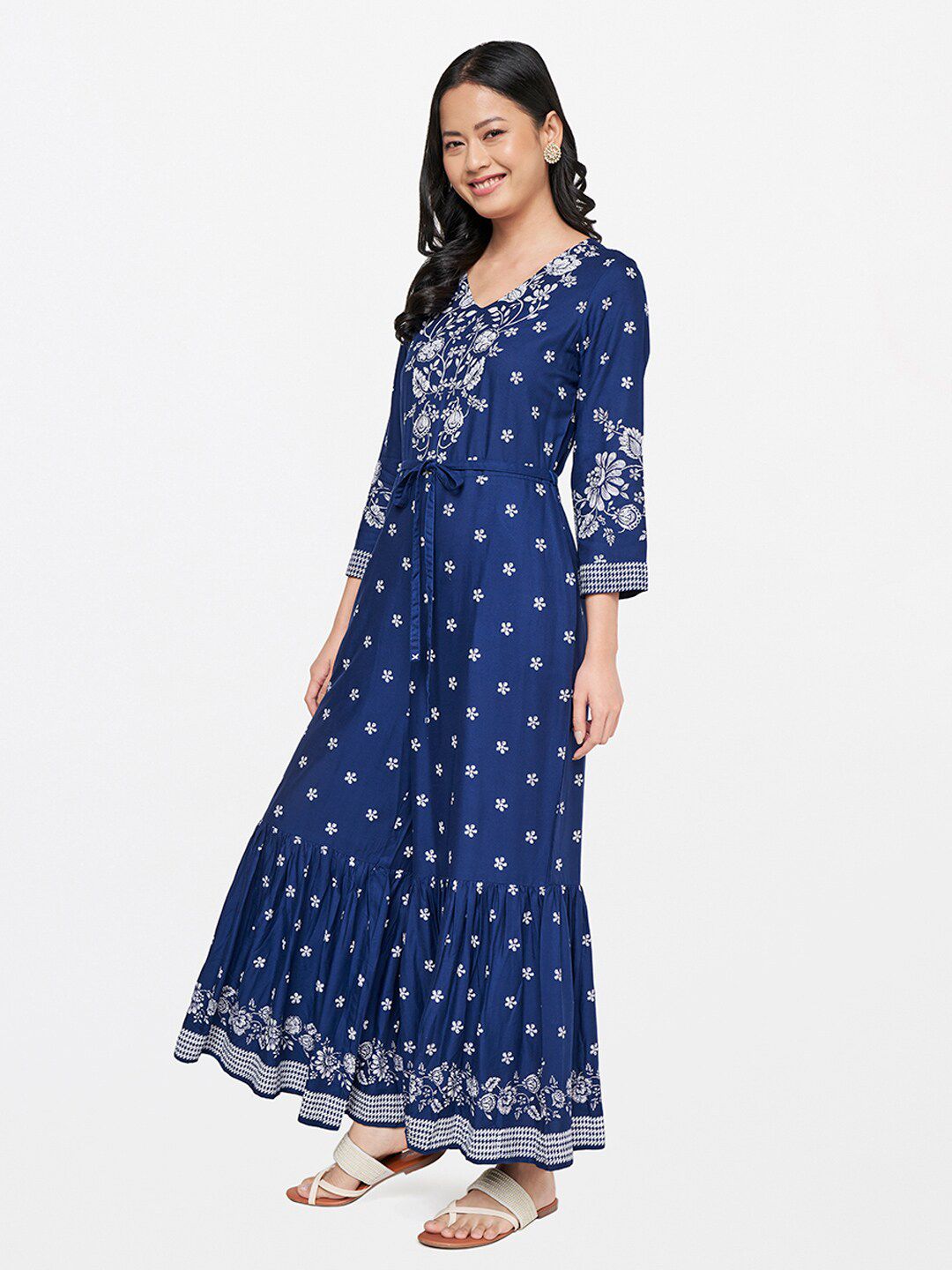 Global Desi Blue & White Printed Basic Jumpsuit