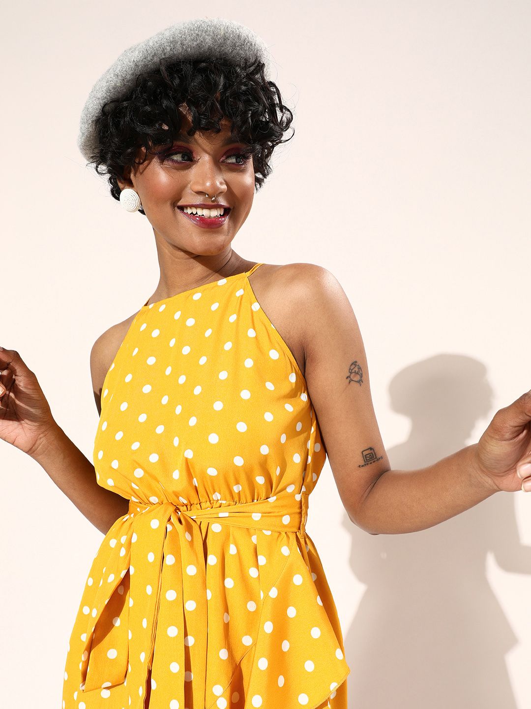 Berrylush Yellow & White Polka Dot Print Asymmetrical Midi Fit & Flare Dress