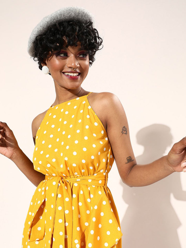 Berrylush Yellow & White Polka Dot Print Asymmetrical Midi Fit & Flare Dress