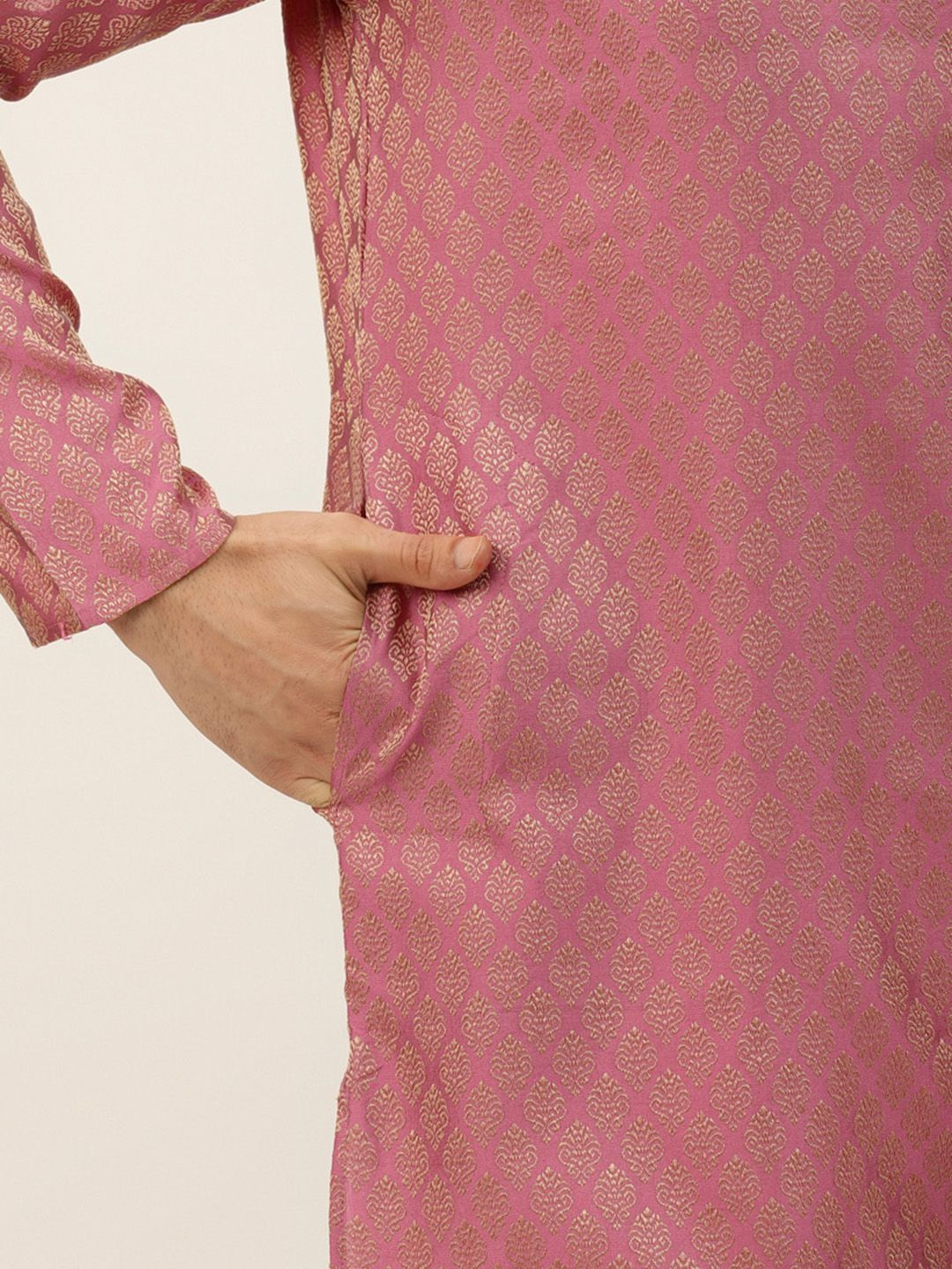 SOJANYA Men Pink & Golden Ethnic Motifs Kurta with Churidar & Nehru Jacket