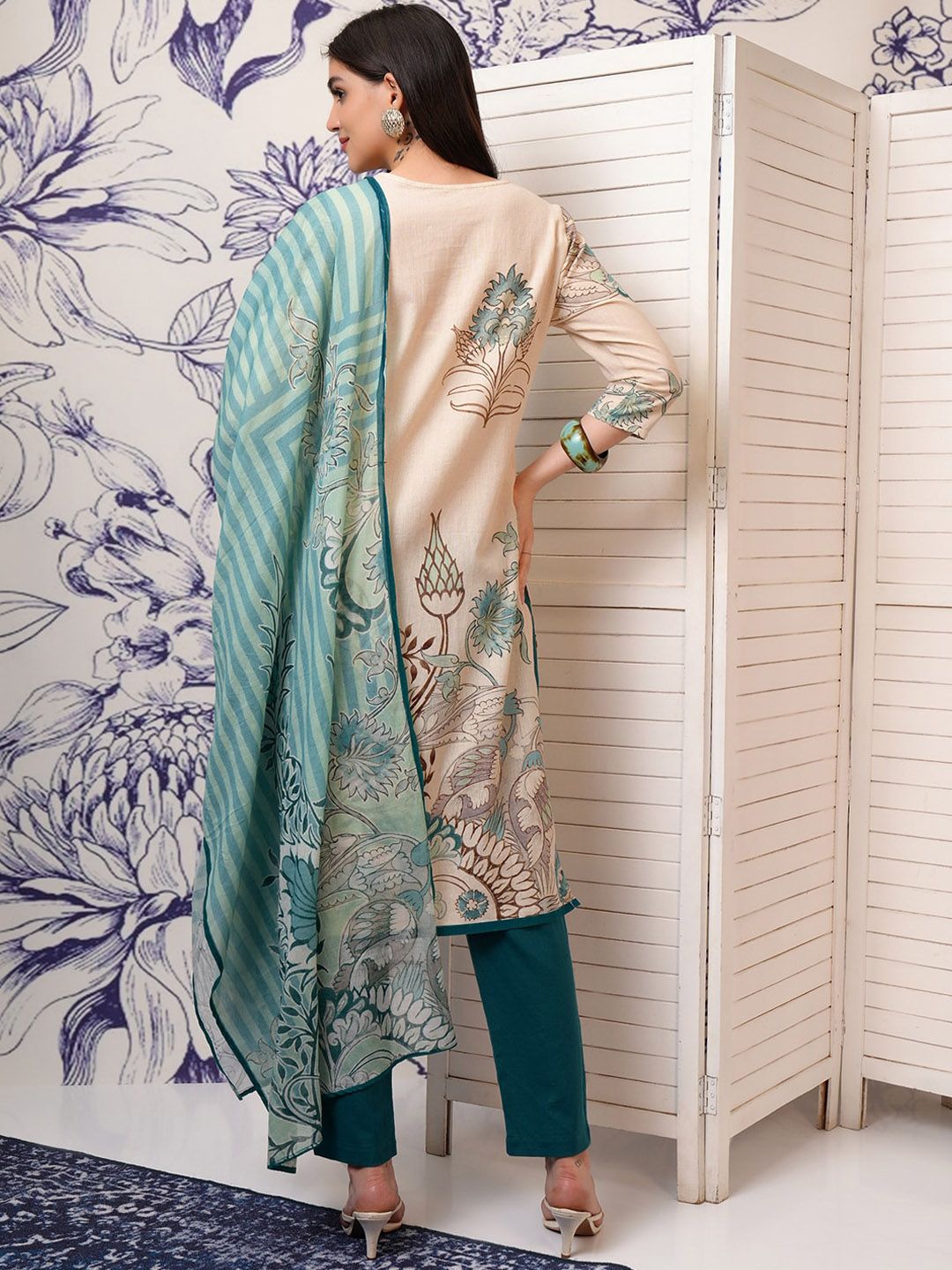 Vishudh Floral Printed Regular Sequinned Pure Cotton Kurta with Trouser & Dupatta