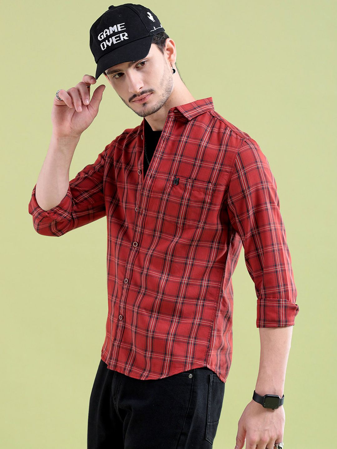 The Indian Garage Co Men Rust Tartan Checked Casual Shirt
