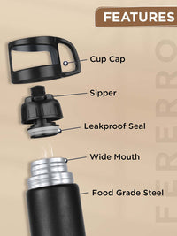 Pexpo Knight Black FERERRO-ISI Certified Thermosteel Hot and Cold Flask Water Bottle 1L