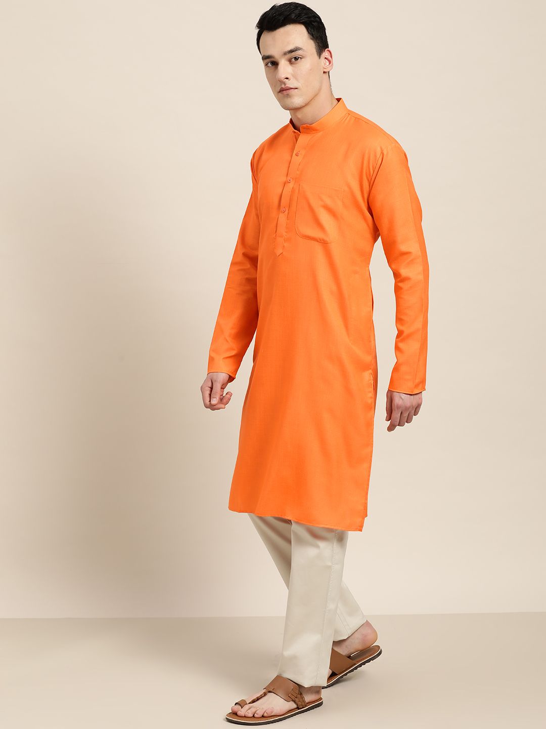 SOJANYA Men Orange Solid Straight Kurta