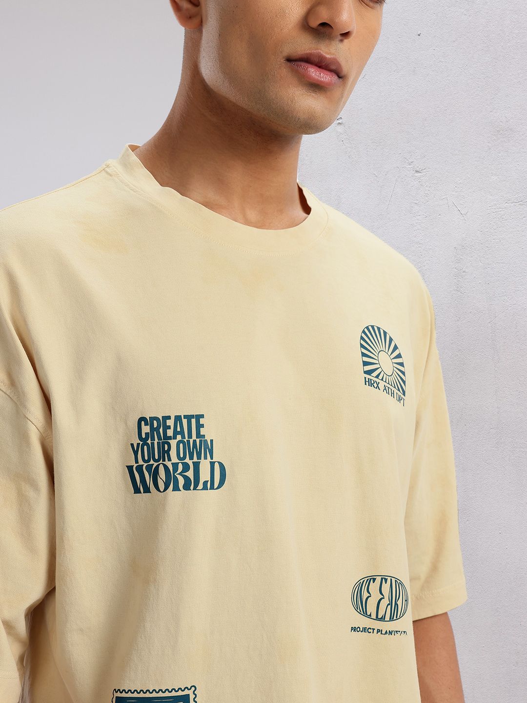 HRX by Hrithik Roshan Printed Drop-Sleeves Pure Cotton Oversized Lifestyle T-shirt