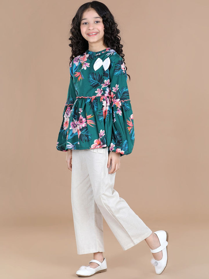 Cutiekins Girls Sea Green & Off White Printed Top with Palazzos