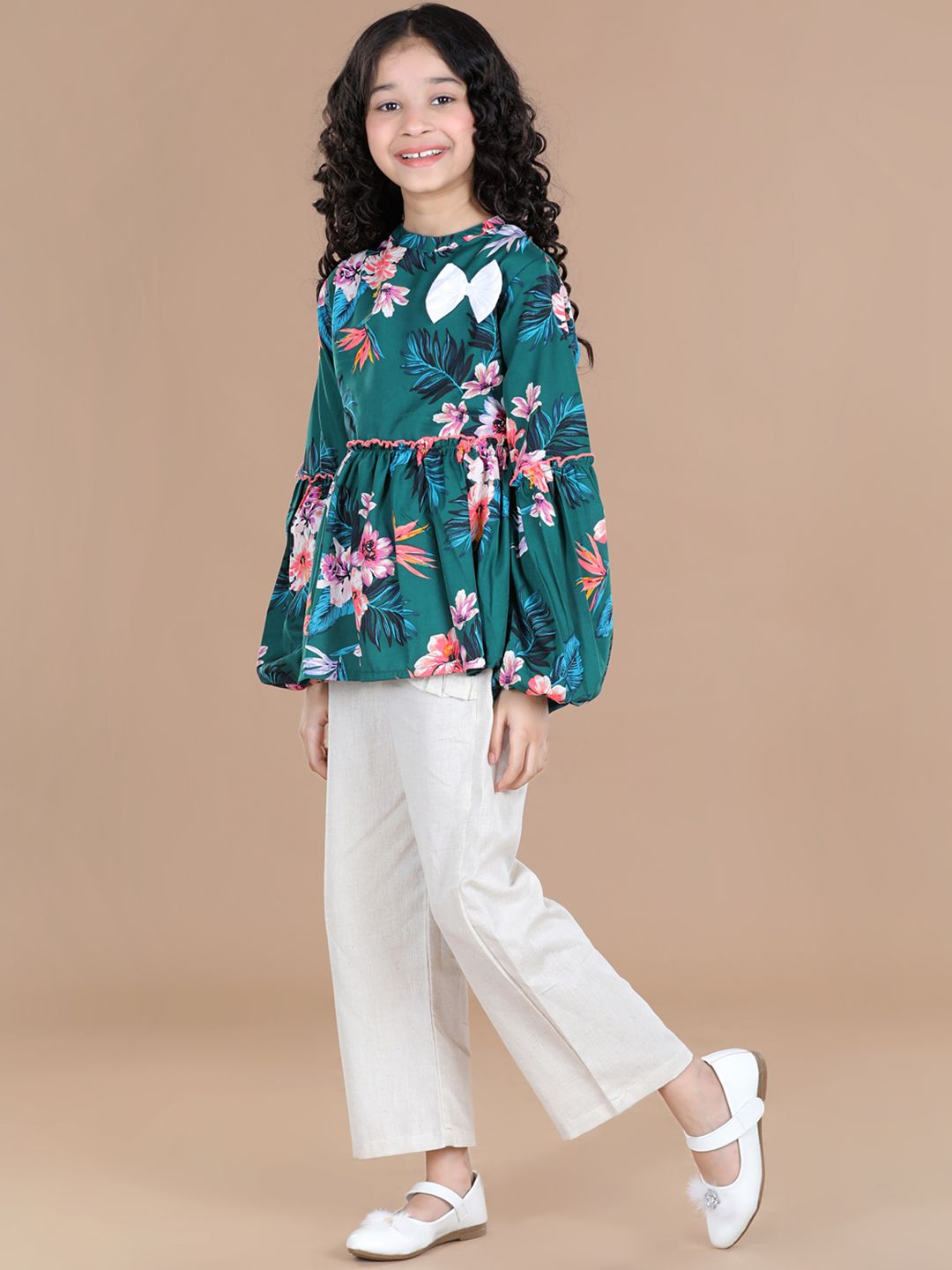 Cutiekins Girls Sea Green & Off White Printed Top with Palazzos