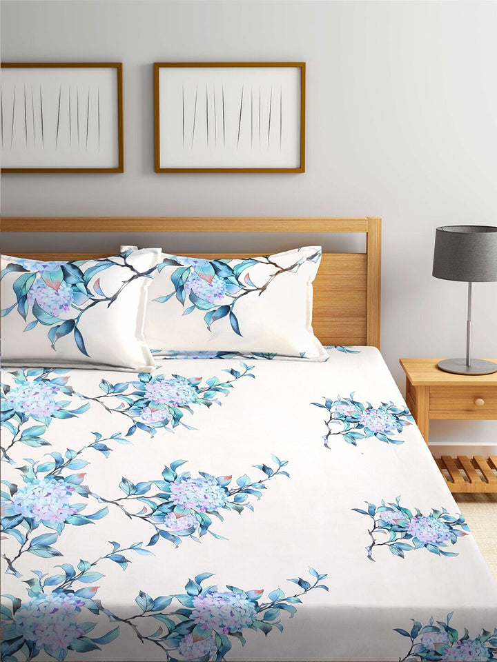 KLOTTHE Navy Blue Floral Cotton 300 TC King Fine 2 Cadar dengan 4 Sarung Bantal-98 x 87 inci