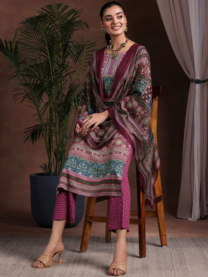 Libas Women Floral Printed Notched Neck Straight Kurta With Trousers & Dupatta