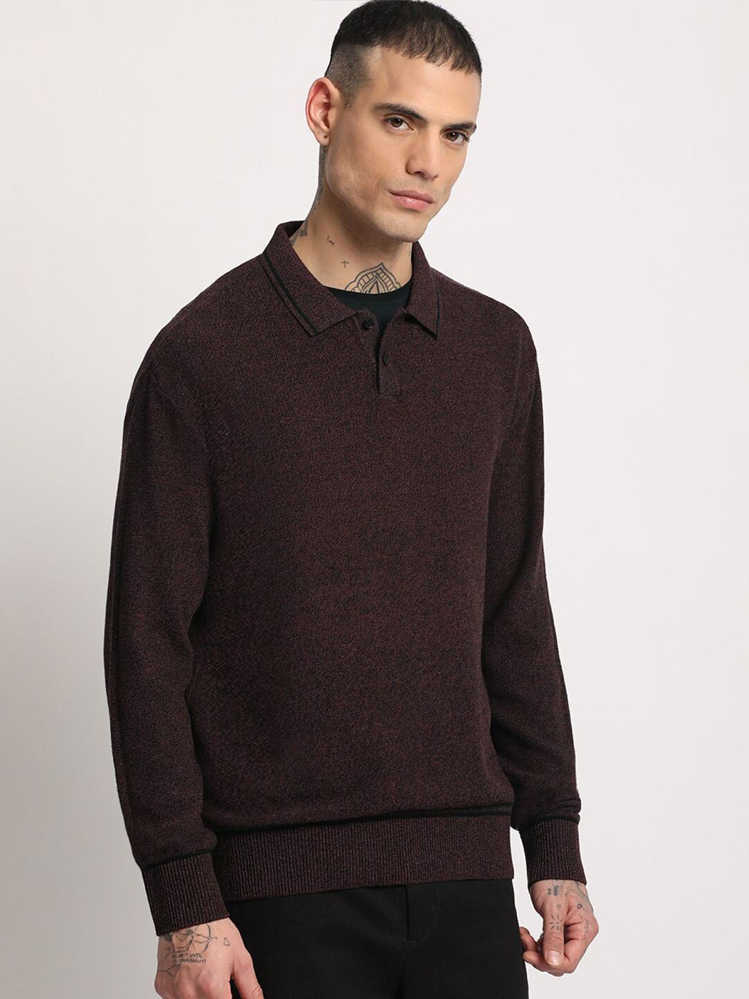 THE BEAR HOUSE Men Solid Pure Cotton Shirt Collar Sweater