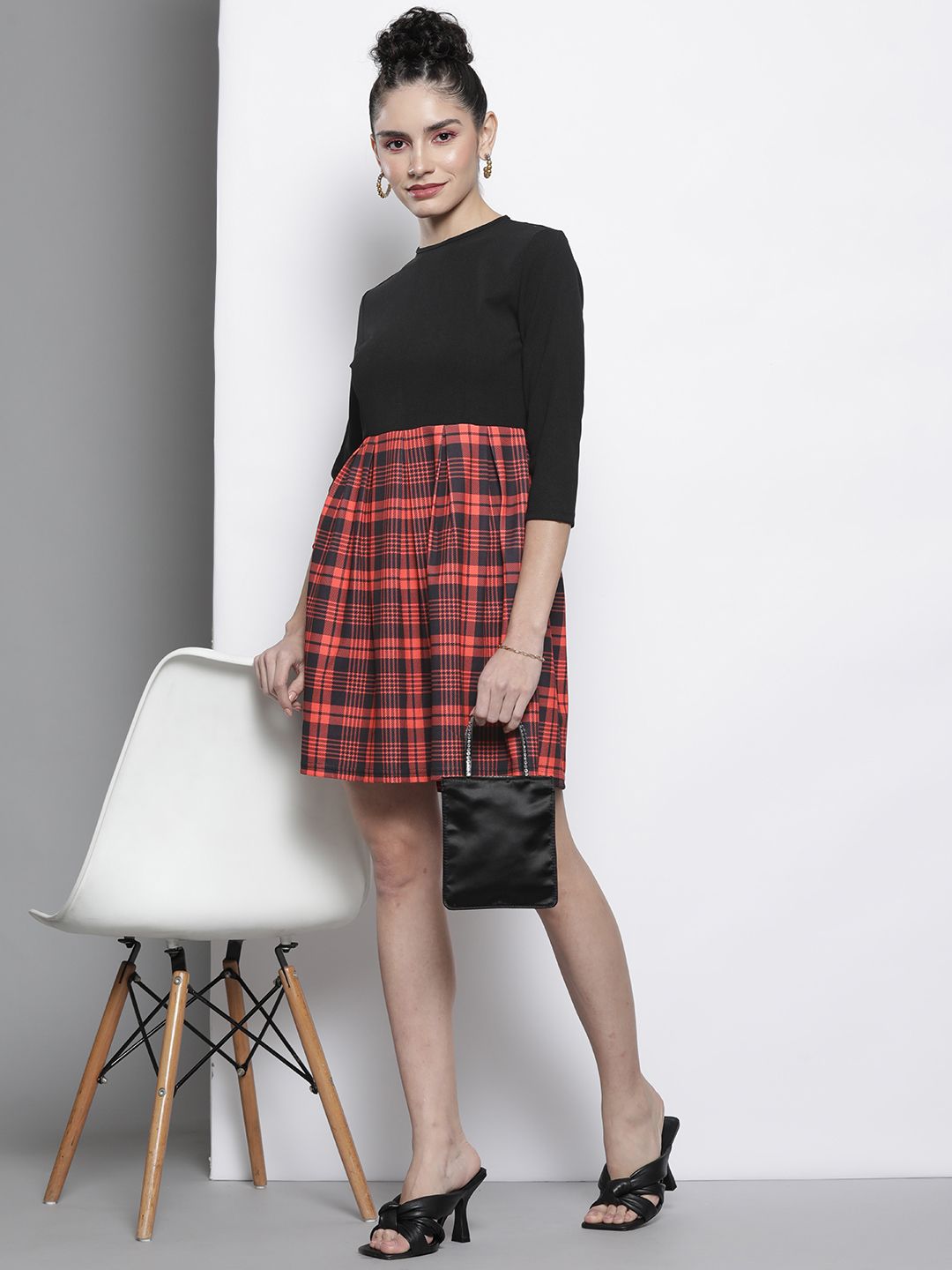 SASSAFRAS Red & Black Knit Pleated Skater Dress