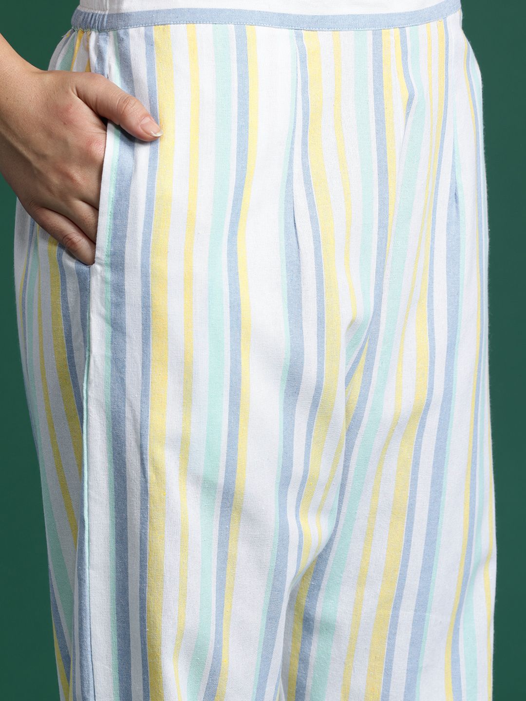 Indo Era Striped Thread Work Pure Cotton Kurta with Trousers