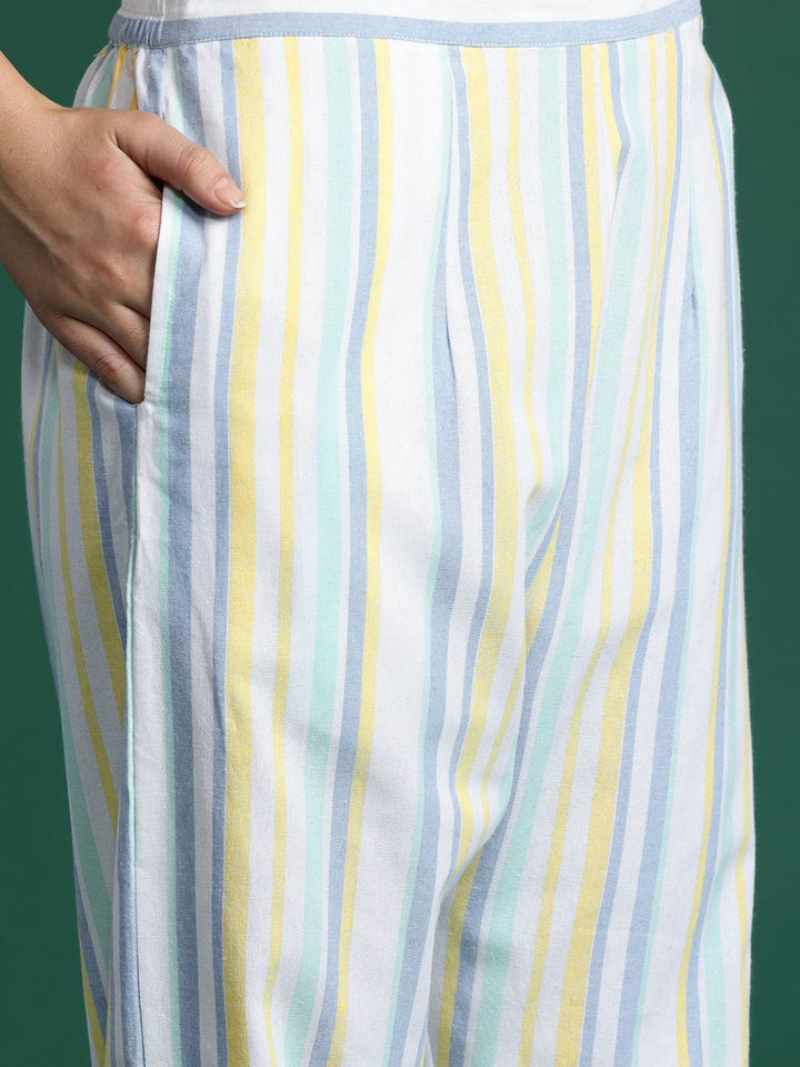 Indo Era Striped Thread Work Pure Cotton Kurta with Trousers
