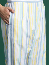 Indo Era Striped Thread Work Pure Cotton Kurta with Trousers