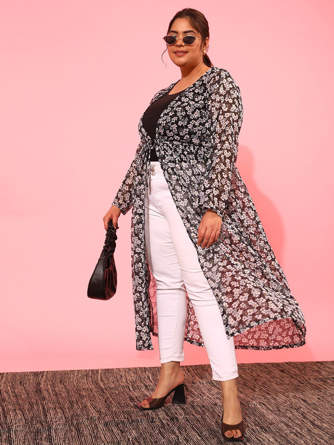 CURVY STREET Women Plus Size Printed Longline Tie-Up Shrug