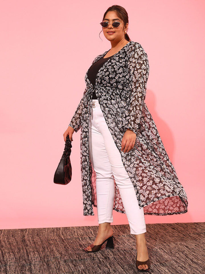 CURVY STREET Women Plus Size Printed Longline Tie-Up Shrug