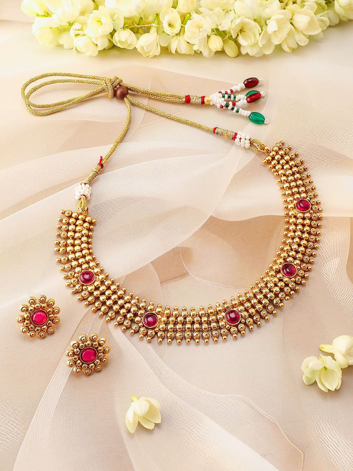 Rubans 22K Ruby Pink Pink Studded Kalung Choker Tradisional dengan Manik Emas