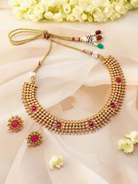 Rubans 22K Ruby Pink Pink Studded Kalung Choker Tradisional dengan Manik Emas