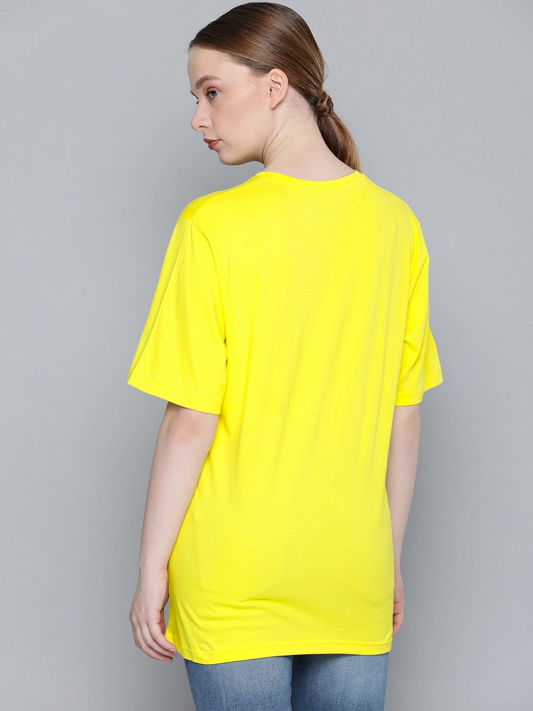 DILLINGER Women Yellow Boxy Fit Printed Round Neck Longline Oversized Pure Cotton T-shirt