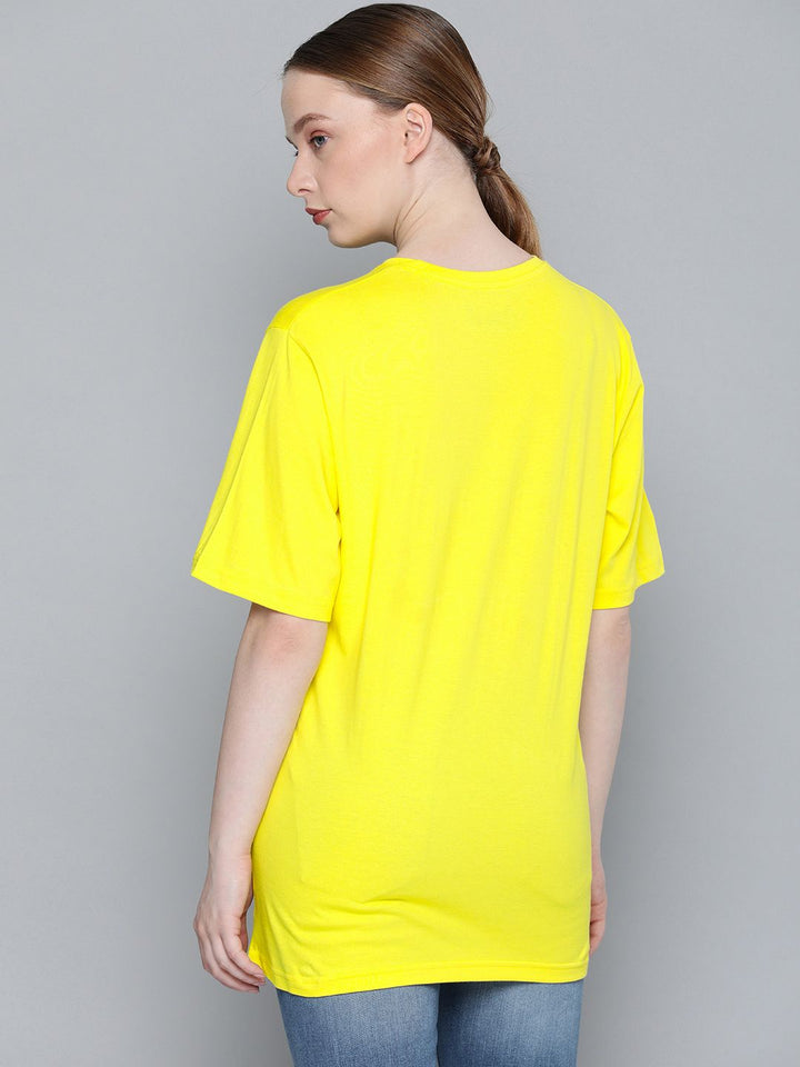 DILLINGER Women Yellow Boxy Fit Printed Round Neck Longline Oversized Pure Cotton T-shirt