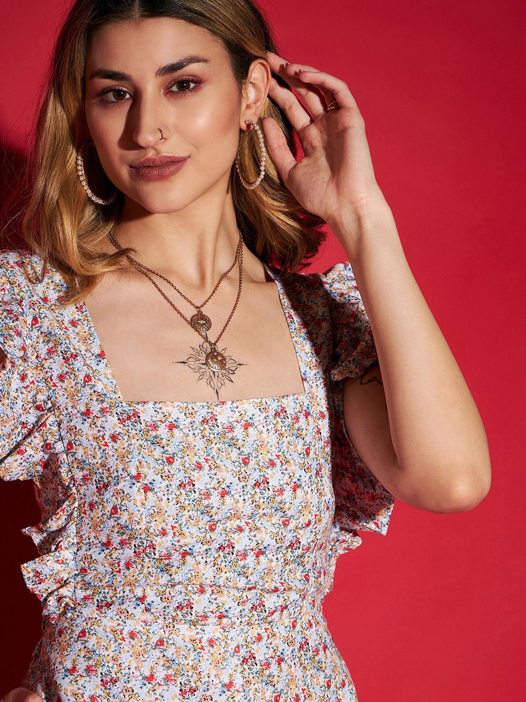 SASSAFRAS White Floral Print Playsuit With Ruffles