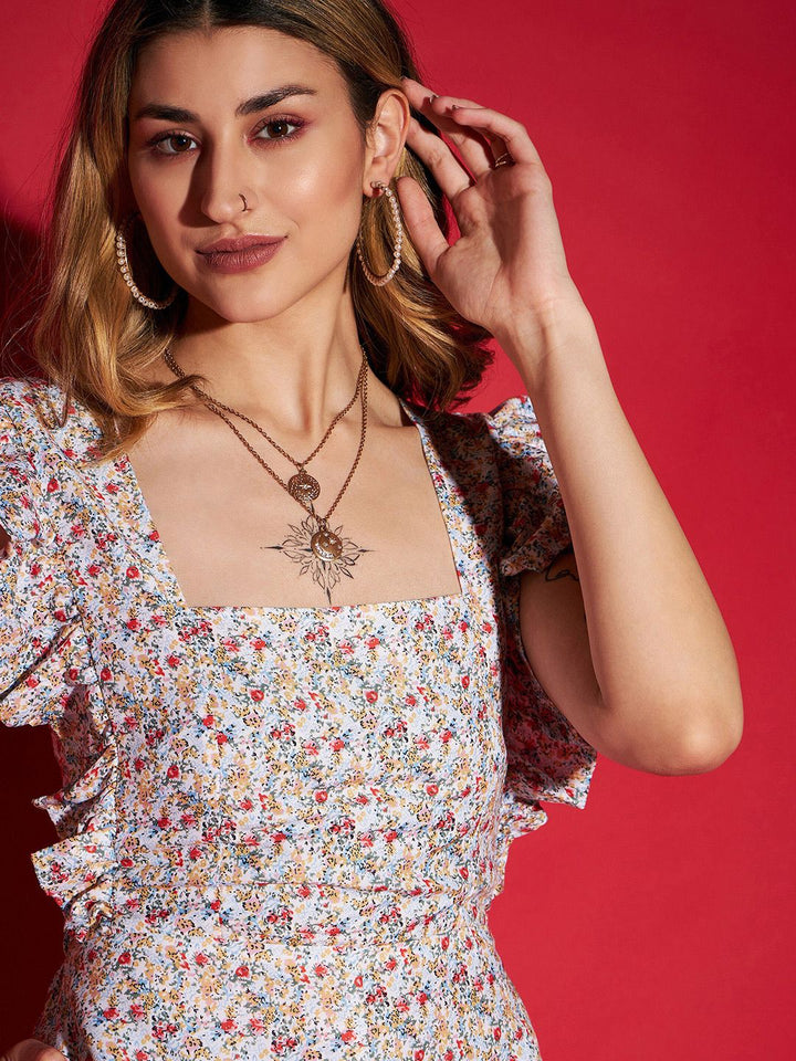SASSAFRAS White Floral Print Playsuit With Ruffles