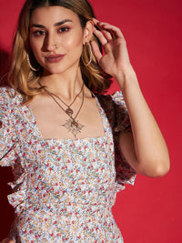 SASSAFRAS White Floral Print Playsuit With Ruffles