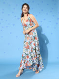 Berrylush Blue Floral Crepe Maxi Dress