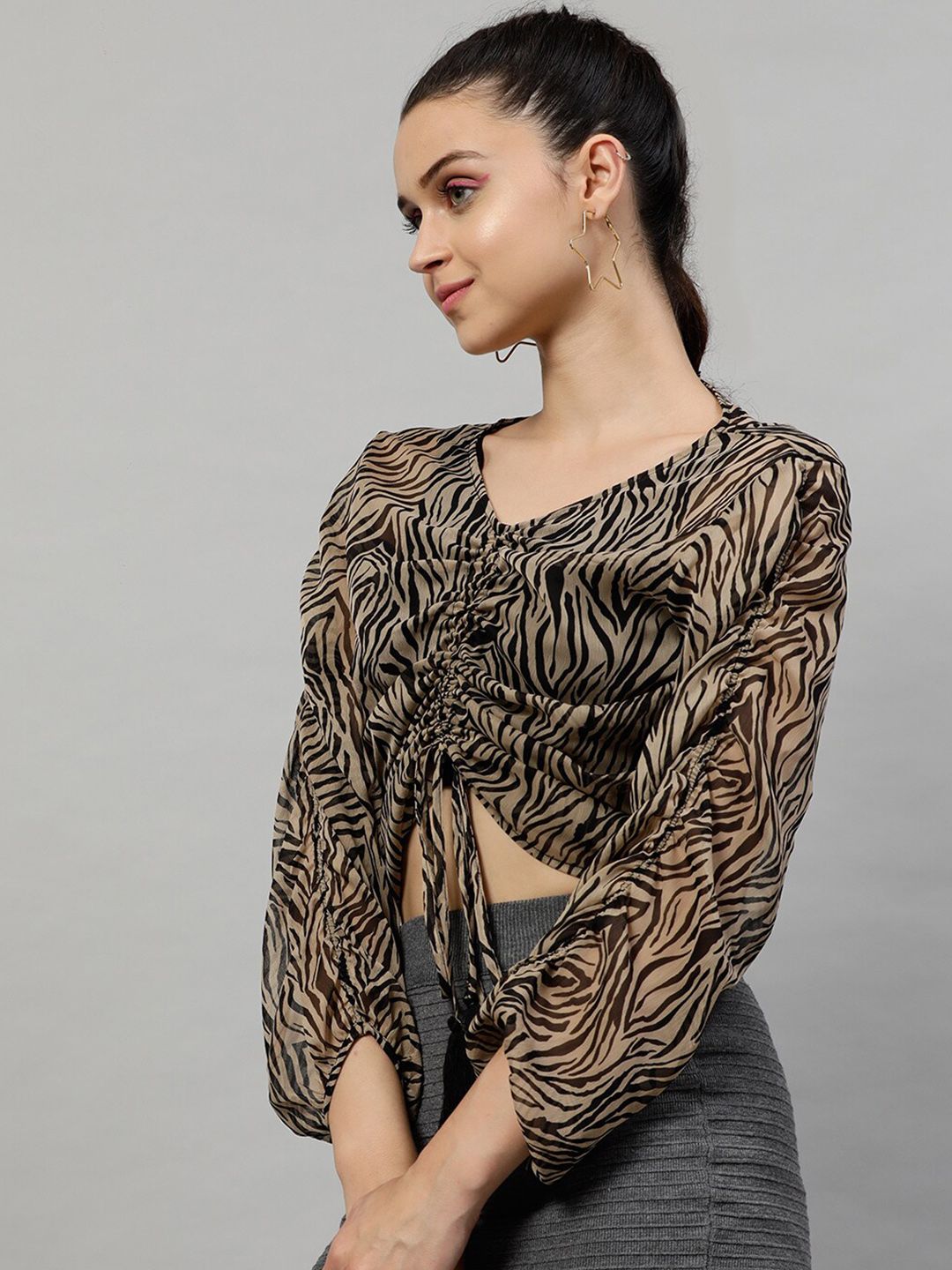 Street 9 Black & Beige Animal Printed Flared Sleeves Chiffon Blouson Crop Top
