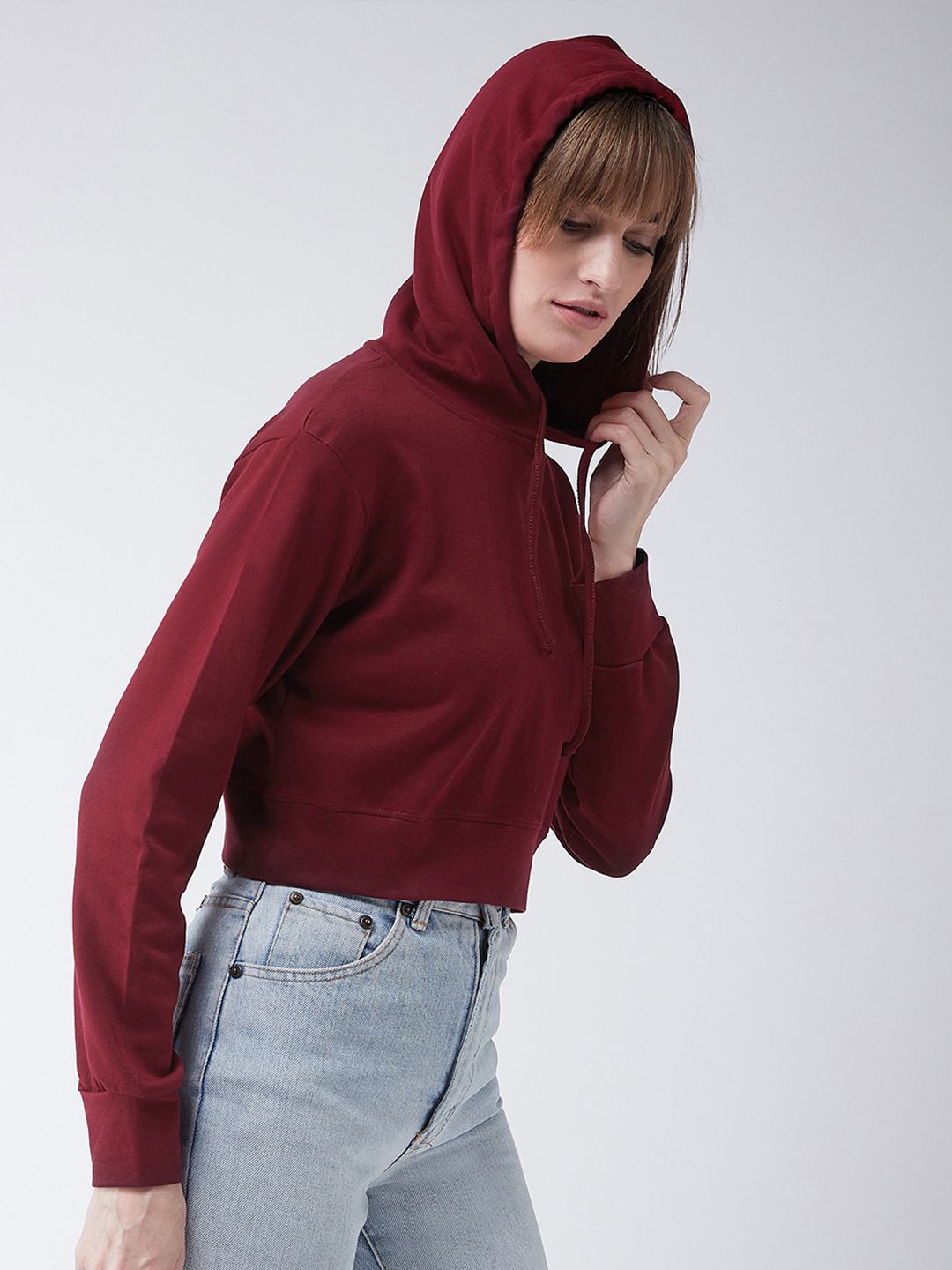 Miss Chase Women Maroon Solid Hooded Cropped Boxy Sweatshirt